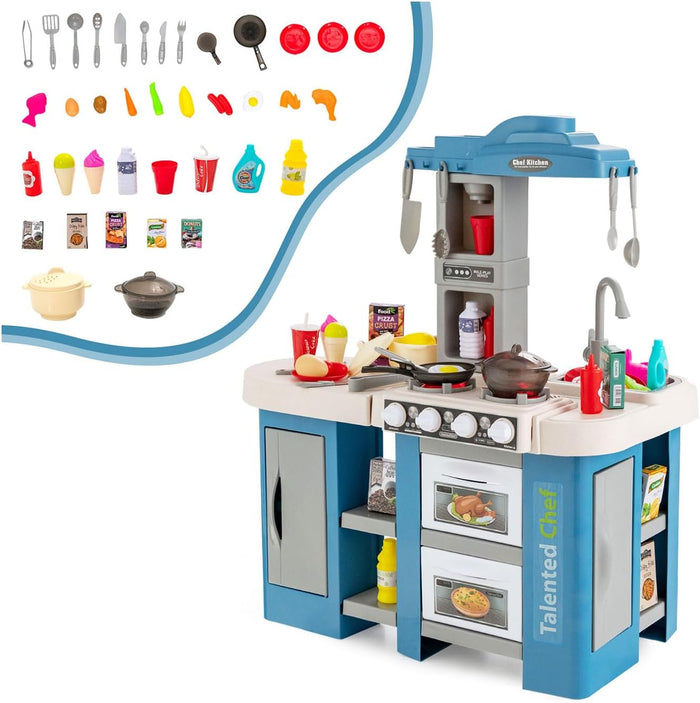 Cucina Giocattolo con Set di Accessori Cibo e Utensili, Cucina per Bambini con Suoni e Luci, Lavandino, Rubinetto, Scaffali, Forni e Fornelli, per Bambini 3+ Anni (Blu)