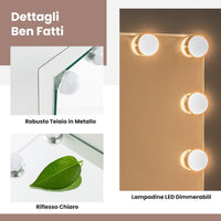 Specchio per Trucco Illuminato, Specchio da Tavolo con 14 Luci LED e Specchio con Ingrandimento 5X, Specchio da Toeletta con 3 Colori e Luminosità Regolabile, 50x43 cm