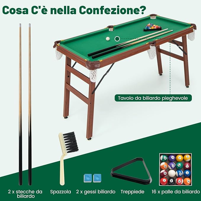 Set Tavolo da Biliardo Pieghevole, Tavolo da Gioco Biliardo Portatile con Livellatori Regolabili per Piedi, 2 Stecche 2 Gessi 16 Palline Spazzola, per Giochi in Famiglia Bar, 138x67x79,5 cm