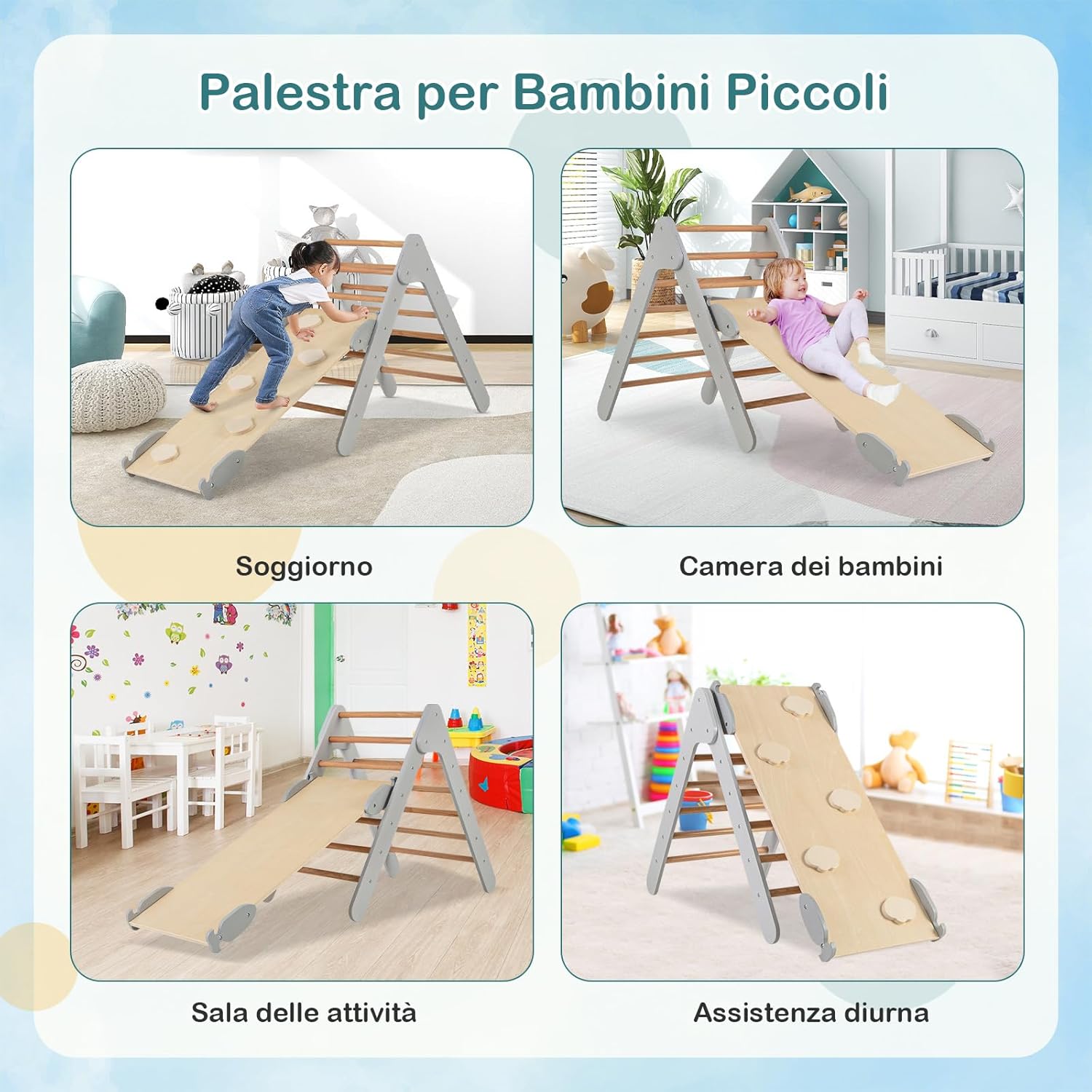 3 in 1 Arrampicata Giocattolo a Triangolo per Bambini, Set di Arrampicata con Rampa di Scivolo a 2 Lati e Inclinazione Regolabile, Arrampicatore per Bambini 1 Anno+ (Grigio)