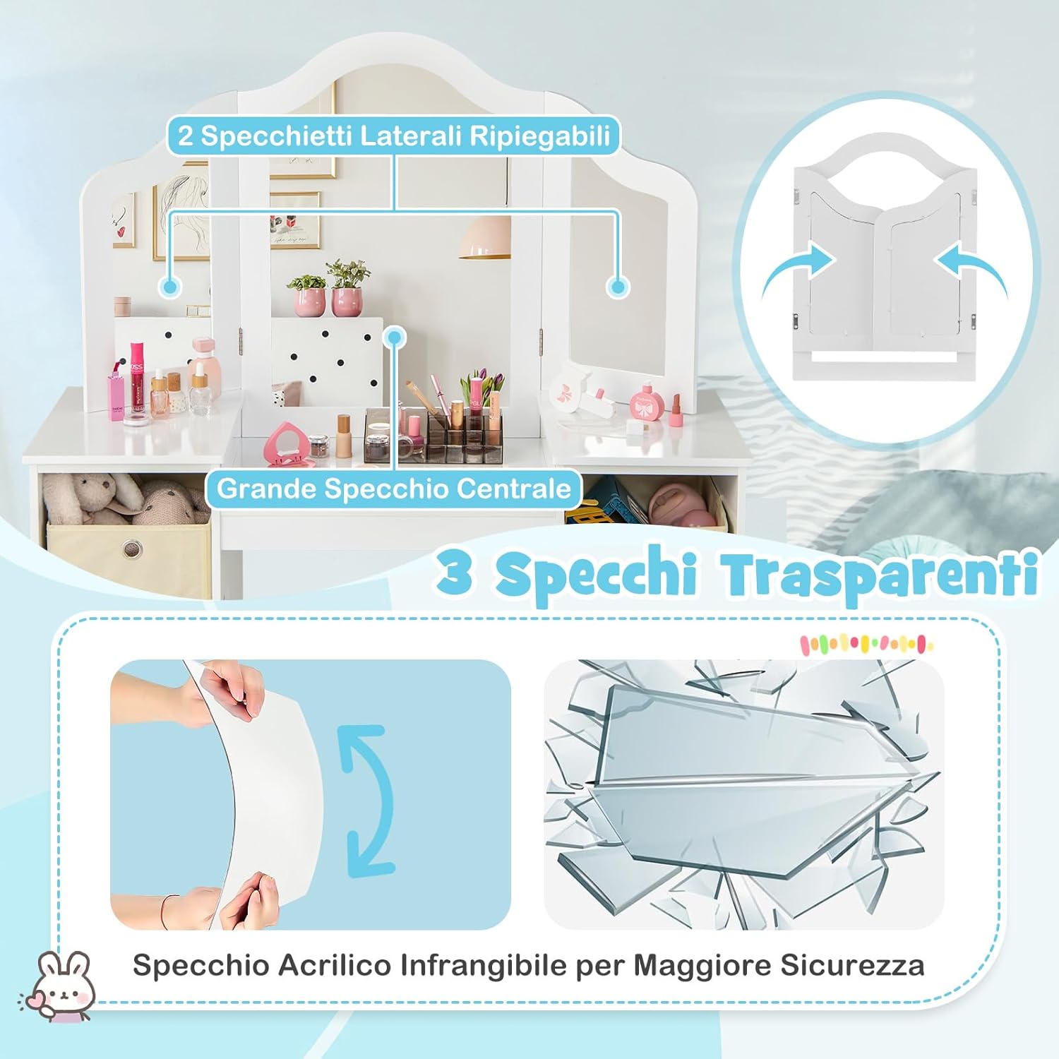 Toeletta Trucco 2 in 1 per Bambina, Specchiera Staccabile per Ragazza in Legno Robusto con 4 Cassetti in Tessuto, Sgabello e Specchio, Postazione Trucco per 3 Anni, 104 x 40 x 117 cm (Bianco)