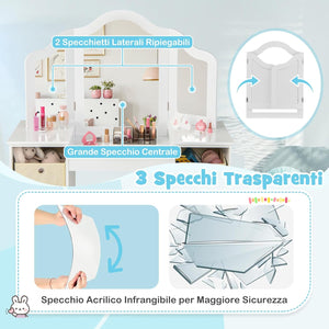 Toeletta Trucco 2 in 1 per Bambina, Specchiera Staccabile per Ragazza in Legno Robusto con 4 Cassetti in Tessuto, Sgabello e Specchio, Postazione Trucco per 3 Anni, 104 x 40 x 117 cm (Bianco)