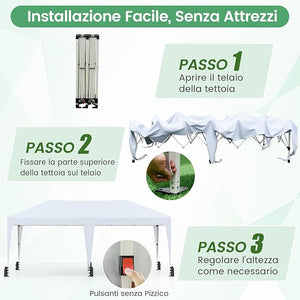 Gazebo Pop-up da Esterno 590 x 300 cm, Gazebo Regolabile in Altezza con Borsa con Ruote, Picchetti, Ancoraggi, Corde Antivento e Sacchi di Sabbia, Tenda Pieghevole per Campeggio (Bianco)