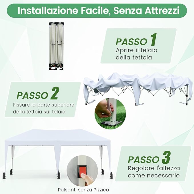 Gazebo Pop-up da Esterno 590 x 300 cm, Gazebo Regolabile in Altezza con Borsa con Ruote, Picchetti, Ancoraggi, Corde Antivento e Sacchi di Sabbia, Tenda Pieghevole per Campeggio (Bianco)
