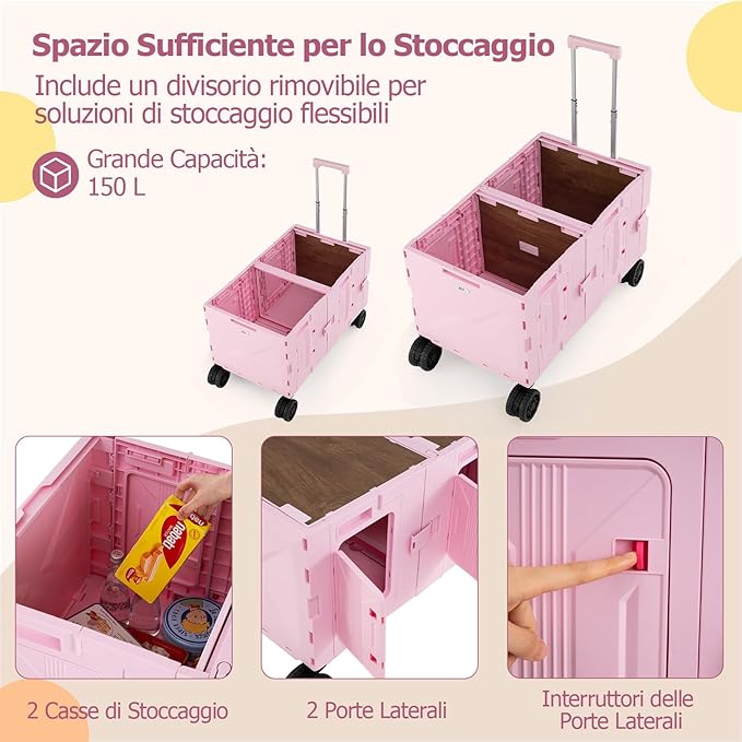Carrello da Spiaggia Pieghevole 150 L, Carrello con Ruote Portatutto con Armadio a 2 Livelli e Manico Telescopico in Metallo, Carretto Giardino Portatile per Campeggio, Portata 120 kg (Rosa)