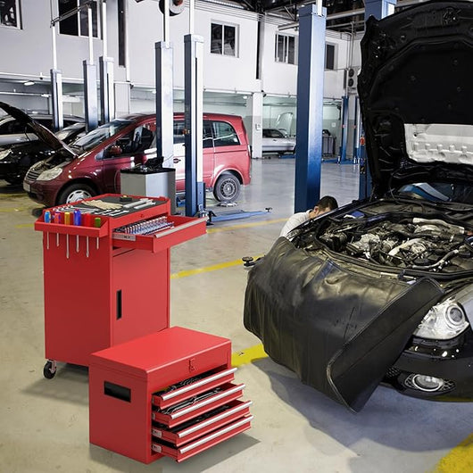 Cassettiera Portautensili a 4 Cassetti, Carrello per Attrezzi con Ruote Bloccabili Ripiano Regolabile e Rivestimento Antiscivolo, 59 x 28 x 102 cm (Rosso)