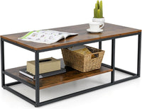 COSTWAY Tavolino da Caffè a 2 Livelli, Tavolino Rettangolare con Mensola e Struttura in Metallo, Tavolino in Legno per Salotto, Ufficio e Studio, Marrone