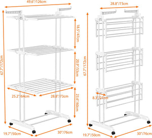 Stendino Verticale Salvaspazio - RATTANTREE - 4 Livelli Stendibiancheria Allungabile con Ruote, Acciaio Inossidabile Stendino da Balcone Esterno, Stendipanni per Interno, Bianca