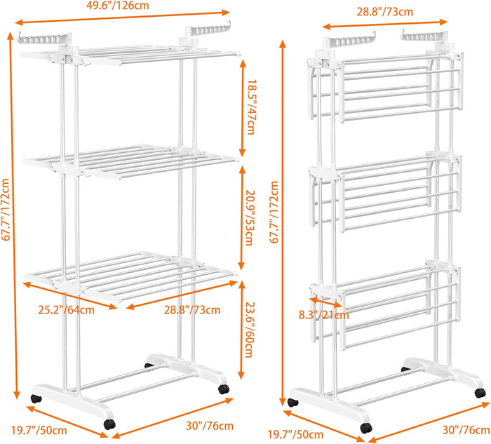 Stendino Verticale Salvaspazio - RATTANTREE - 4 Livelli Stendibiancheria Allungabile con Ruote, Acciaio Inossidabile Stendino da Balcone Esterno, Stendipanni per Interno, Bianca