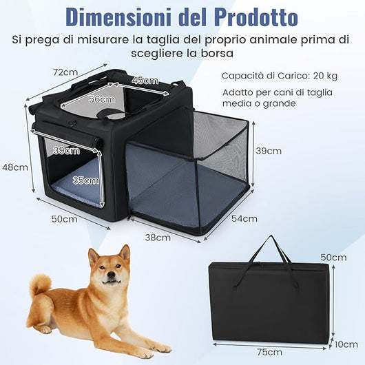 Trasportino Pieghevole per Cani e Gatti, Borsa da Trasporto per Animali con 2 Aperture, Finestra, Cesto Interno in Rete, Tasche Laterali e Porta Bicchiere, Gabbia Morbida e Portatile (M)