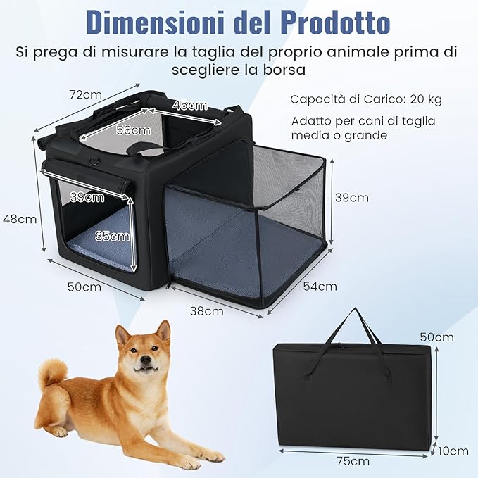 Trasportino Pieghevole per Cani e Gatti, Borsa da Trasporto per Animali con 2 Aperture, Finestra, Cesto Interno in Rete, Tasche Laterali e Porta Bicchiere, Gabbia Morbida e Portatile (M)