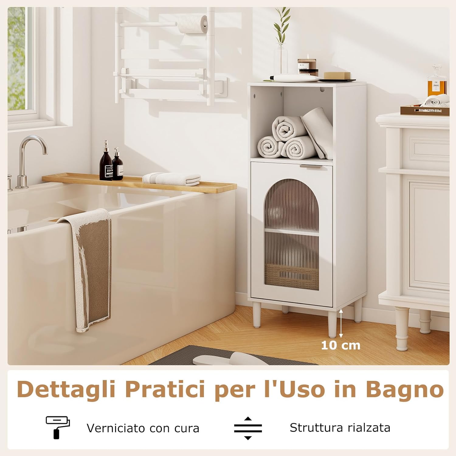 Armadietto da Bagno 35 x 30 x 90 cm, Mobiletto Bagno Salvaspazio in Legno con Anta in Vetro Temperato e Ripiano Regolabile, Colonna Salvaspazio per Corridoio, Soggiorno e Cuccina