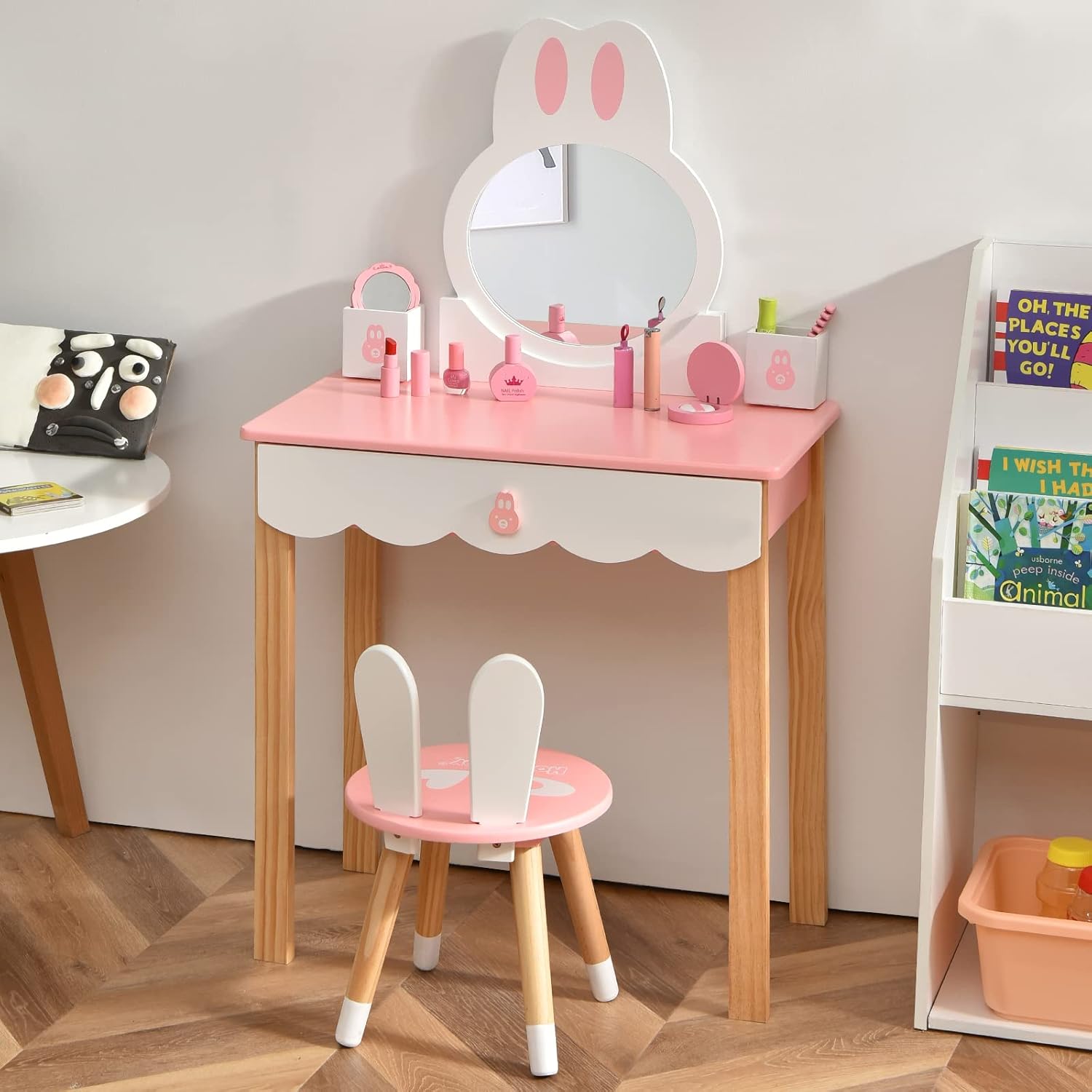 Toeletta Trucco 2 in 1 per Bambina, Specchiera a Forma di Coniglio Staccabile per Ragazza in Legno con Sgabello, Portapenni e Cassetto, Postazione Trucco, 60 x 34 x 103cm (Rosa)