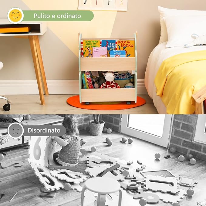 Libreria per Bambini in Legno, Scaffale di Stoccaggio a 2 Livelli per Bambini e Bambine, Organizzatore di Libri e di Giocattoli, Ideale per Caremetta e Nido, 52 x 46 x 62,5 cm (Verde)