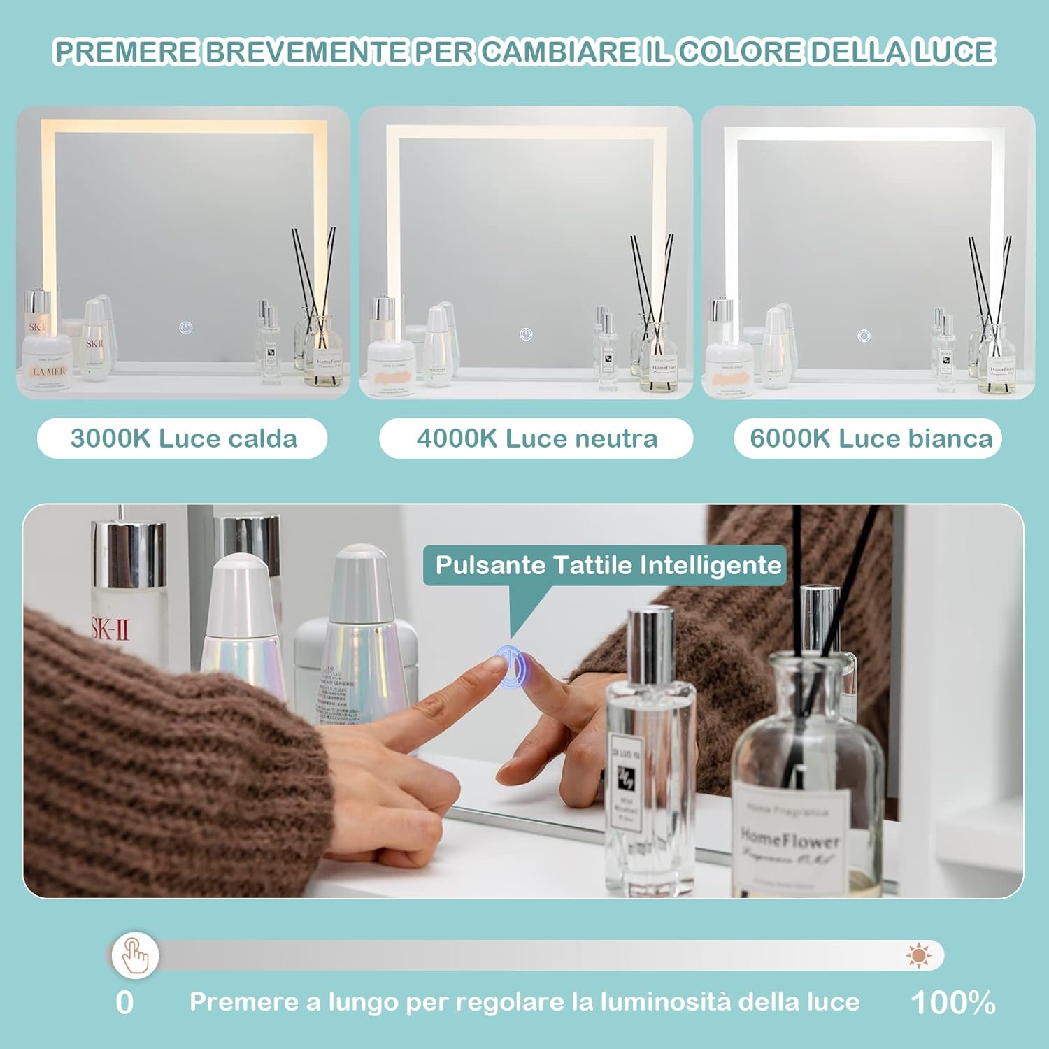 Postazione Trucco con Luci e Sgabello, Tavolo da Trucco con Specchiera e 2 Cassetti, Scaffali Portaoggetti, Stile Moderno, per Camera da Letto, Bianco