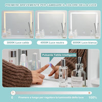 Postazione Trucco con Luci e Sgabello, Tavolo da Trucco con Specchiera e 2 Cassetti, Scaffali Portaoggetti, Stile Moderno, per Camera da Letto, Bianco