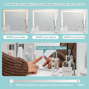 Postazione Trucco con Luci e Sgabello, Tavolo da Trucco con Specchiera e 2 Cassetti, Scaffali Portaoggetti, Stile Moderno, per Camera da Letto, Bianco