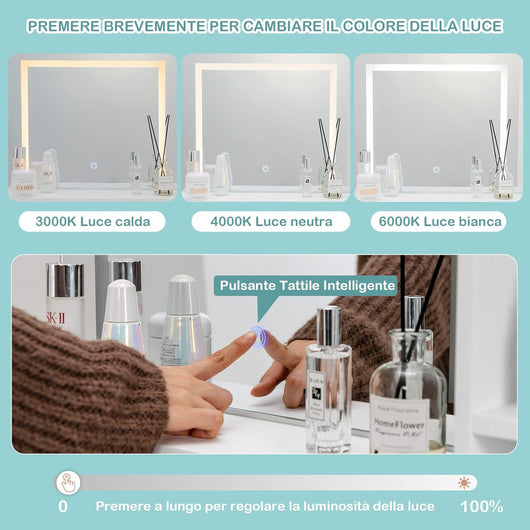 Postazione Trucco con Luci e Sgabello, Tavolo da Trucco con Specchiera e 2 Cassetti, Scaffali Portaoggetti, Stile Moderno, per Camera da Letto, Bianco