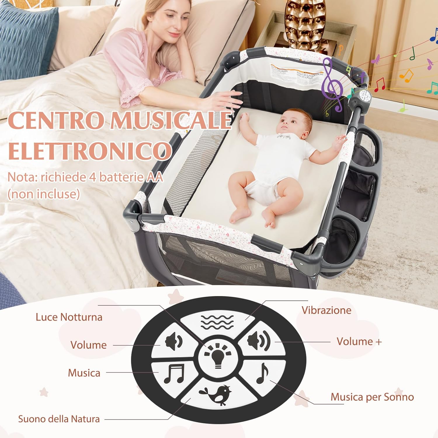 4 in 1 Lettino da Campeggio con Fasciatoio, Lettino Pieghevole per Bambini con Materasso, Centro Neonati con Culla, Box Musicale, Cappottina Regolabile, Borsa da Viaggio (Fiore Piccolo)