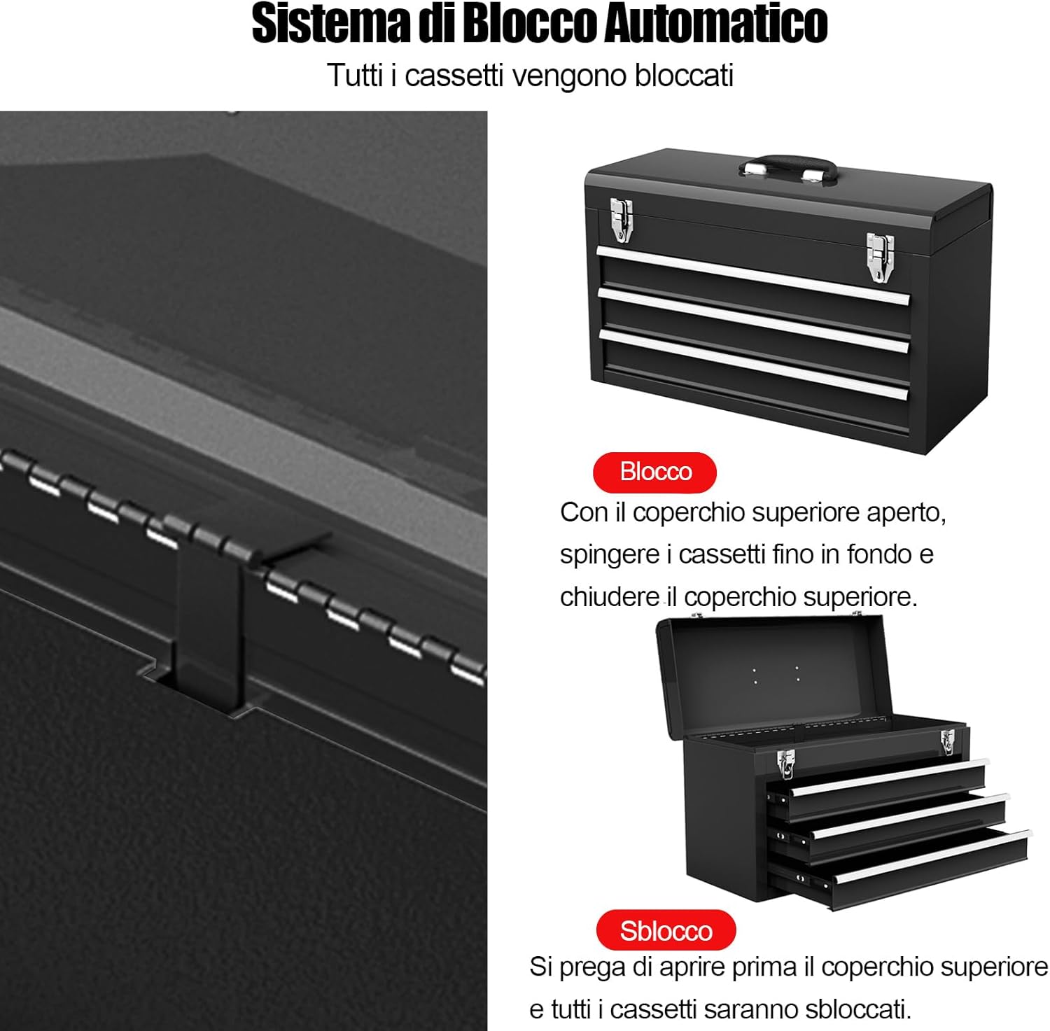 Cassetta Portautensili, Valigetta per Attrezzi con 3 Cassetti + Vassoio, 52 x 21,5 x 30 cm (Nero)