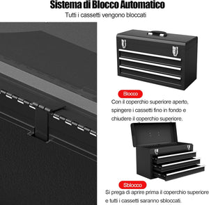 Cassetta Portautensili, Valigetta per Attrezzi con 3 Cassetti + Vassoio, 52 x 21,5 x 30 cm (Nero)