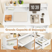 Scrivania per Computer con 2 Prese di Corrente e Prese USB, Scrivania Ufficio con Cassetto e Ripiano Estraibile per Tastiera, Scrivania Gaming con Ripiano Regolabile, 105 x 55 x 89 cm, Bianco