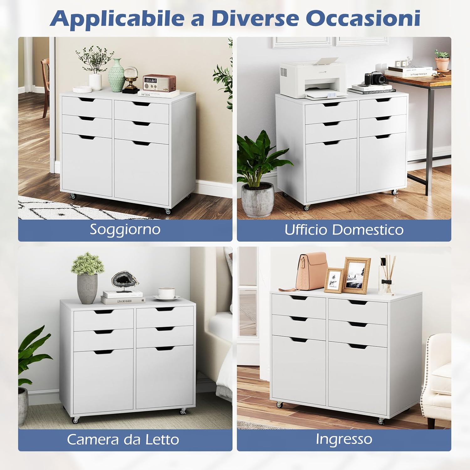 Cassettiera da Ufficio con 4 Cassetti e 2 Ante, Armadietto da Studio in Legno con 5 Ruote Universali, Mobile Porta Stampante Salvaspazio, per Soggiorno, 73 x 40 x 64,5 cm, Bianco