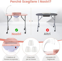 Tavolo per Manicure Pieghevole con Aspiratore, Tavolo per Unghie Portatile con Luce LED Regolabile, Cuscino Poggia Polso Rimovibile, Borsa da Trasporto e 4 Ruote Bloccabili (Rosa)