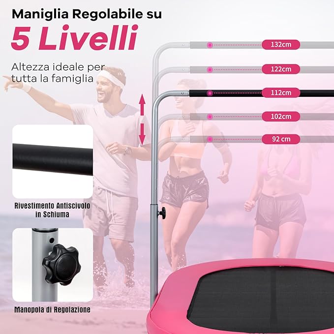 Trampolino Elastico da Interno ed Esterno, Tappetino Elastico Pieghevole per Adulti e Bambini con Maniglia Regolabile, Molle e Cuscinetto di Sicurezza, Trampolino Ovale per 2 Persone