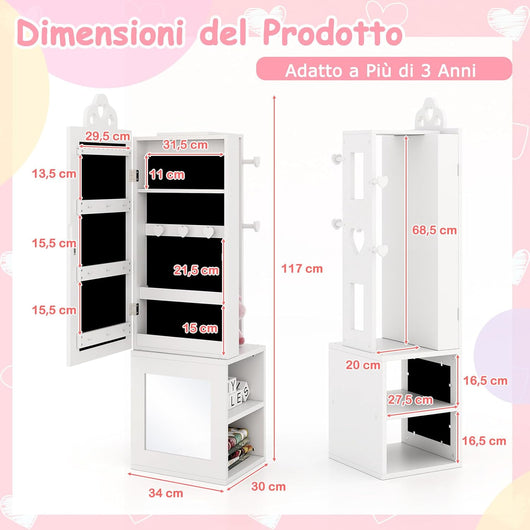 Armadio Portagioie per Bambini, Armadio Porta Abiti 3 in 1 con Specchio a Figura Intera e Appendiabiti, Armadio Organizzatore per Gioielli con Ganci e Ripiani Dietro per Cameretta (Bianco)