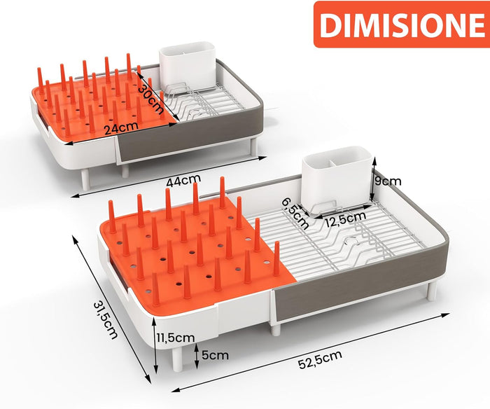Scolapiatti Estensibile, Gocciolatoio Scolapiatti Regolabile con Portaposate Staccabile Griglia in Acciaio Inox e Barrette Verticali, con Drenaggio Automatico