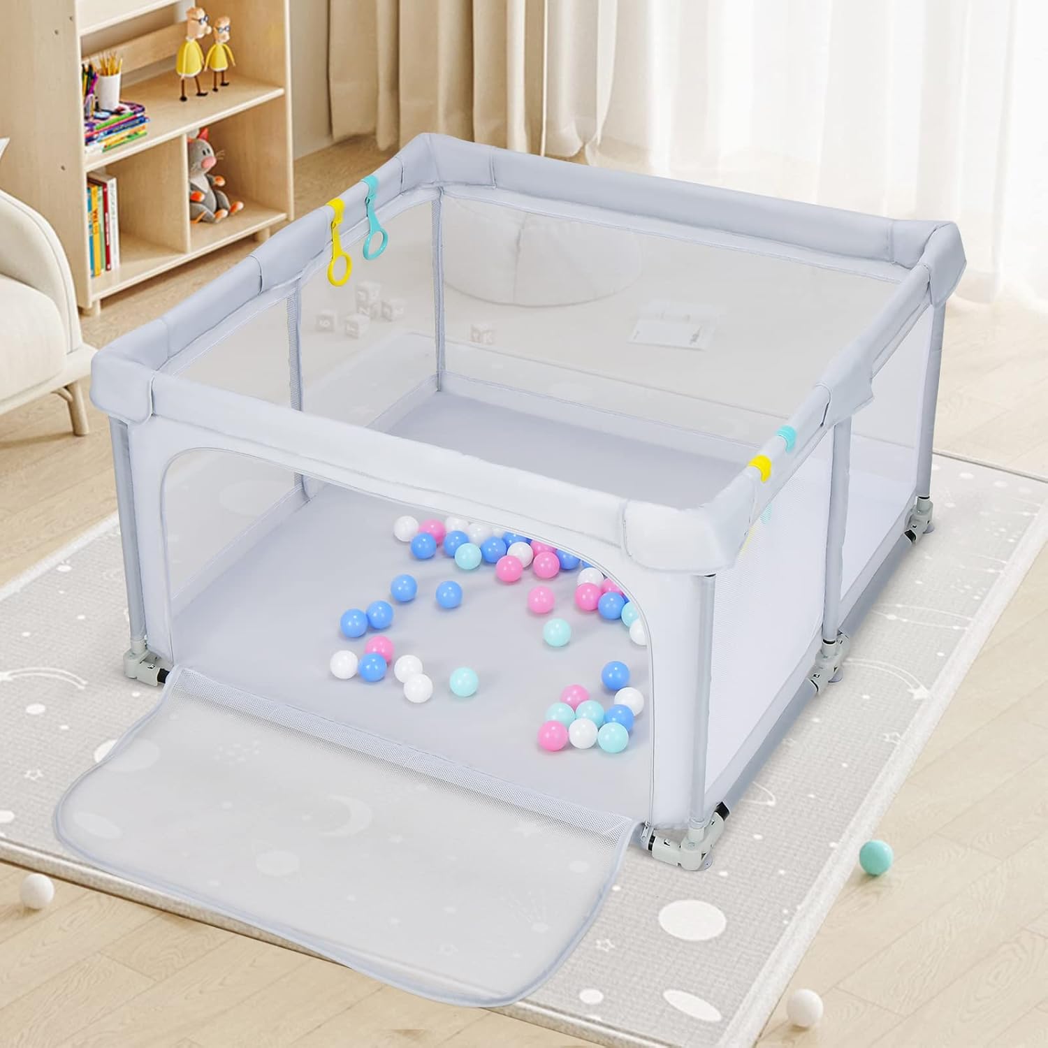 Recinto per Bambini, Box per Bambini con Rete Traspirante, Centro Attività per Bambini con 50 Palline, Box Giochi per Bambini 0-3 Anni (Grigio, ‎124 x 124 cm)