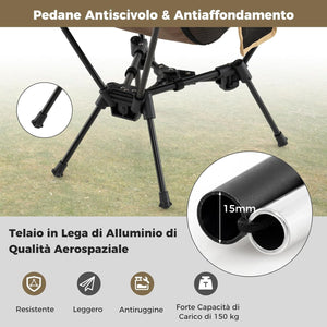 Sedia da Campeggio Portatile, Sedia Ergonomica Pieghevole da Zaino con Borsa da Trasporto, Poltrona da Esterno per Escursionismo, Spiaggia e Picnic, Portata 150 kg