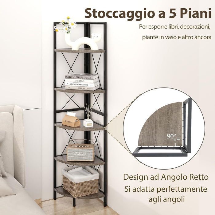 Scaffale Angolare, Libreria Industriale Angolare a 5 Ripiani con Struttura in Metallo, per Soggiorno Ufficio Cucina Spazi Piccoli, 35,5x35,5x159,5 cm (Grigio Rovere)