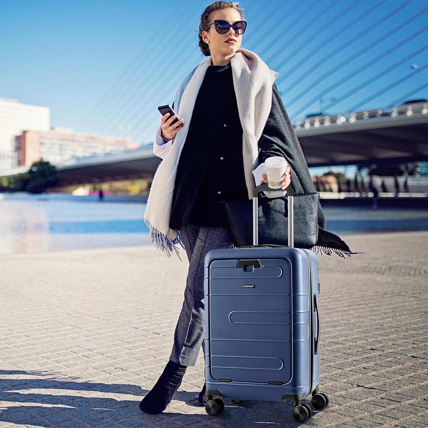 Valigia Bagaglio da 20" con Tasca Frontale, Porta USB, Tavolino Pieghevole, Valigia con Serratura, Ruote Girevoli, Manico Regolabile, Trolley Valigia Rigida Bagaglio da Viaggio (Blu)