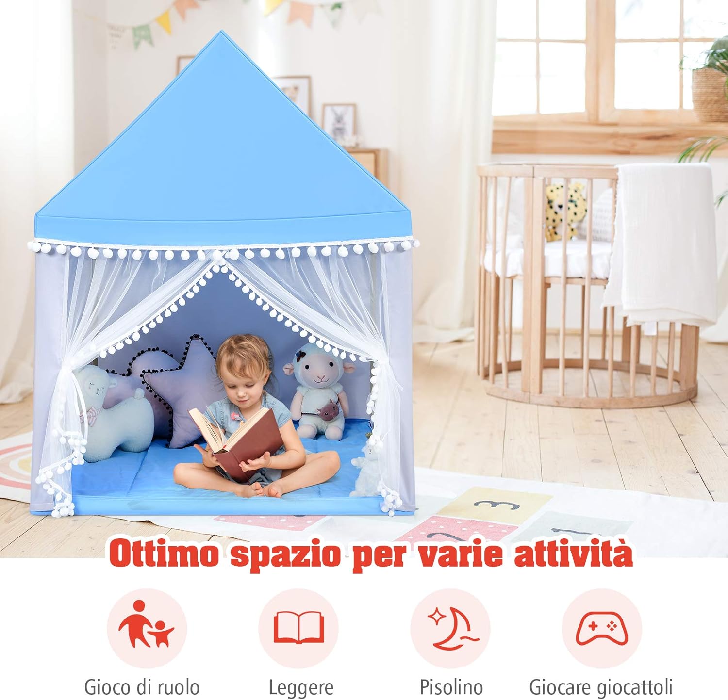 Tenda da Gioco Casetta per Bambini, Castello Giocattolo in Legno Cotone, con Struttura Stabile e Finestre Traspirabili, 105x120x140 cm (Azzurro)