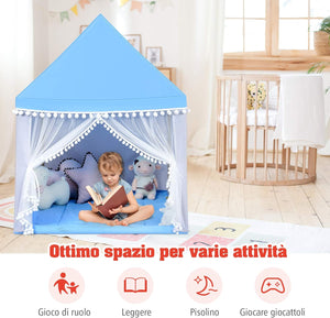 Tenda da Gioco Casetta per Bambini, Castello Giocattolo in Legno Cotone, con Struttura Stabile e Finestre Traspirabili, 105x120x140 cm (Azzurro)