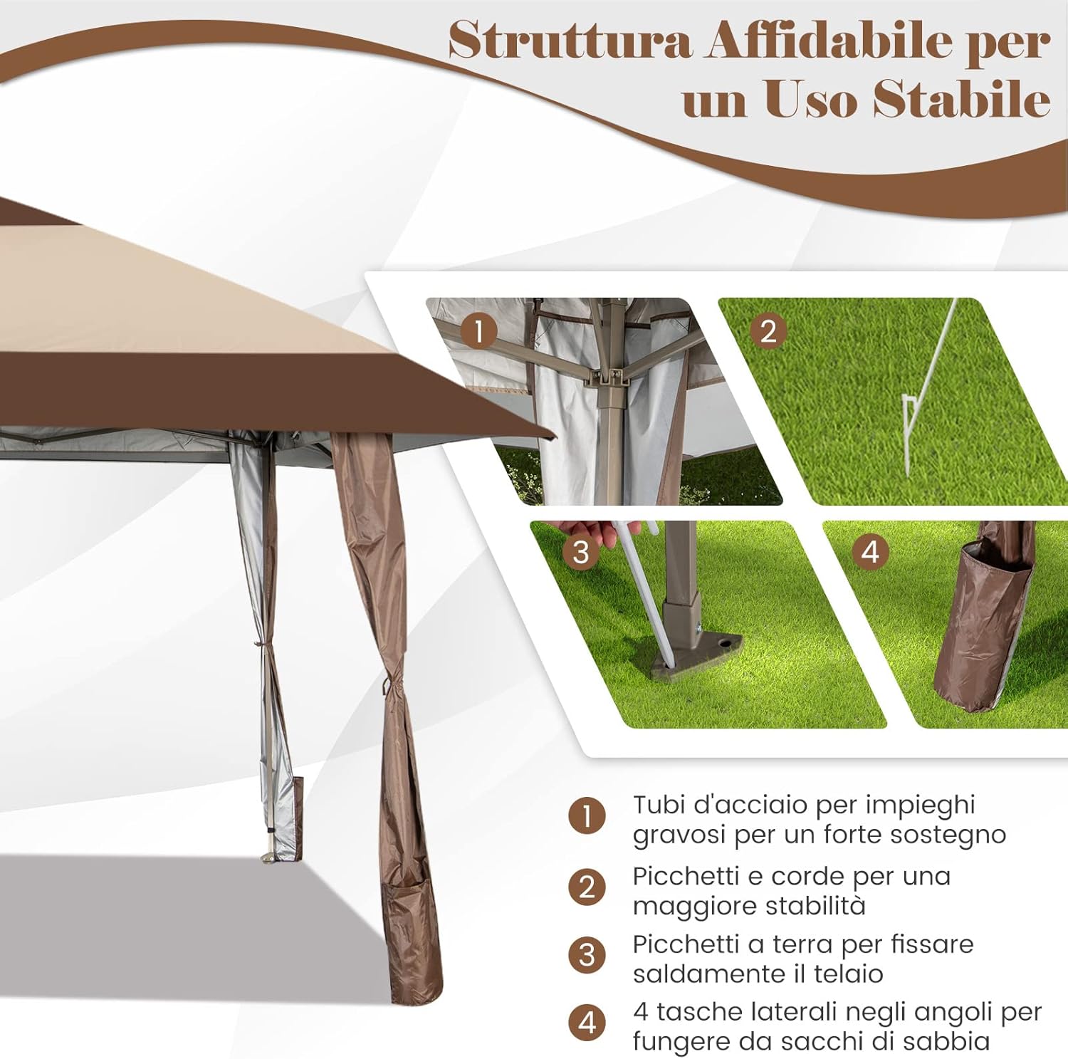 Gazebo da Giardino 3 x 3 M, Gazebo da Esterno con Ruote, Struttura in Acciaio, Regolabile in Altezza, Ideale per Feste, Barbecue, Giardino
