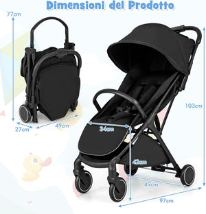 Passeggino Leggero per Bambini, Passeggino da Viaggio con Schienale Regolabile, Passeggino Portatile per Bambini con Schienale Reclinabile e Cappotta Regolabile, per Bambini 0-3 Anni
