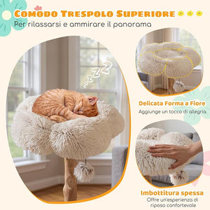 Albero per Gatti, Tiragraffi per Gattini Alta 122 cm con Ramo in Legno con Piattaforma a Fiore, 2 Cesti in Rattan, Pali Tiragraffi in Juta e Pallina Pendente, Mobile per Gatti da Interno
