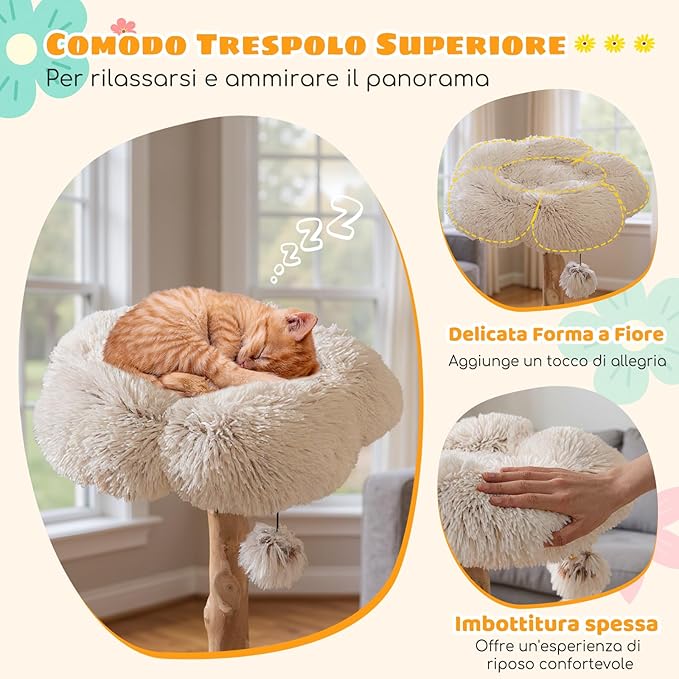 Albero per Gatti, Tiragraffi per Gattini Alta 122 cm con Ramo in Legno con Piattaforma a Fiore, 2 Cesti in Rattan, Pali Tiragraffi in Juta e Pallina Pendente, Mobile per Gatti da Interno