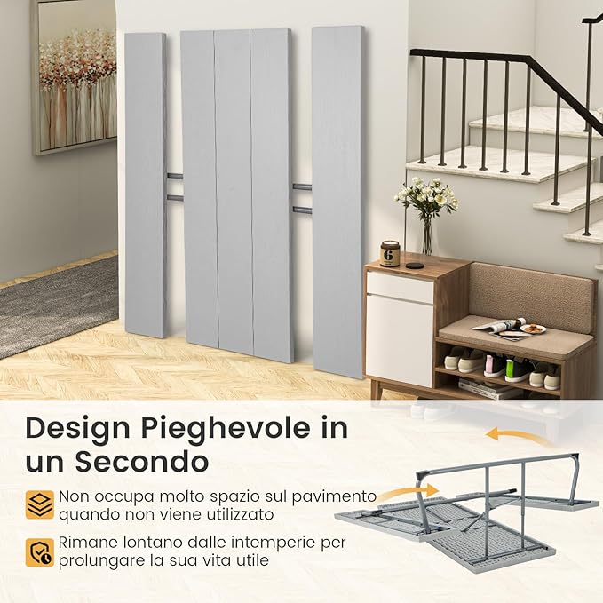 Tavolo da Picnic Pieghevole con 2 Panche, Set di Tavolo da 183 cm con Telaio in Metallo, Piano in HDPE, con Foro per Ombrellone, Tavolo da Pranzo da Giardino, Portata Totale 650 kg (Grigio)