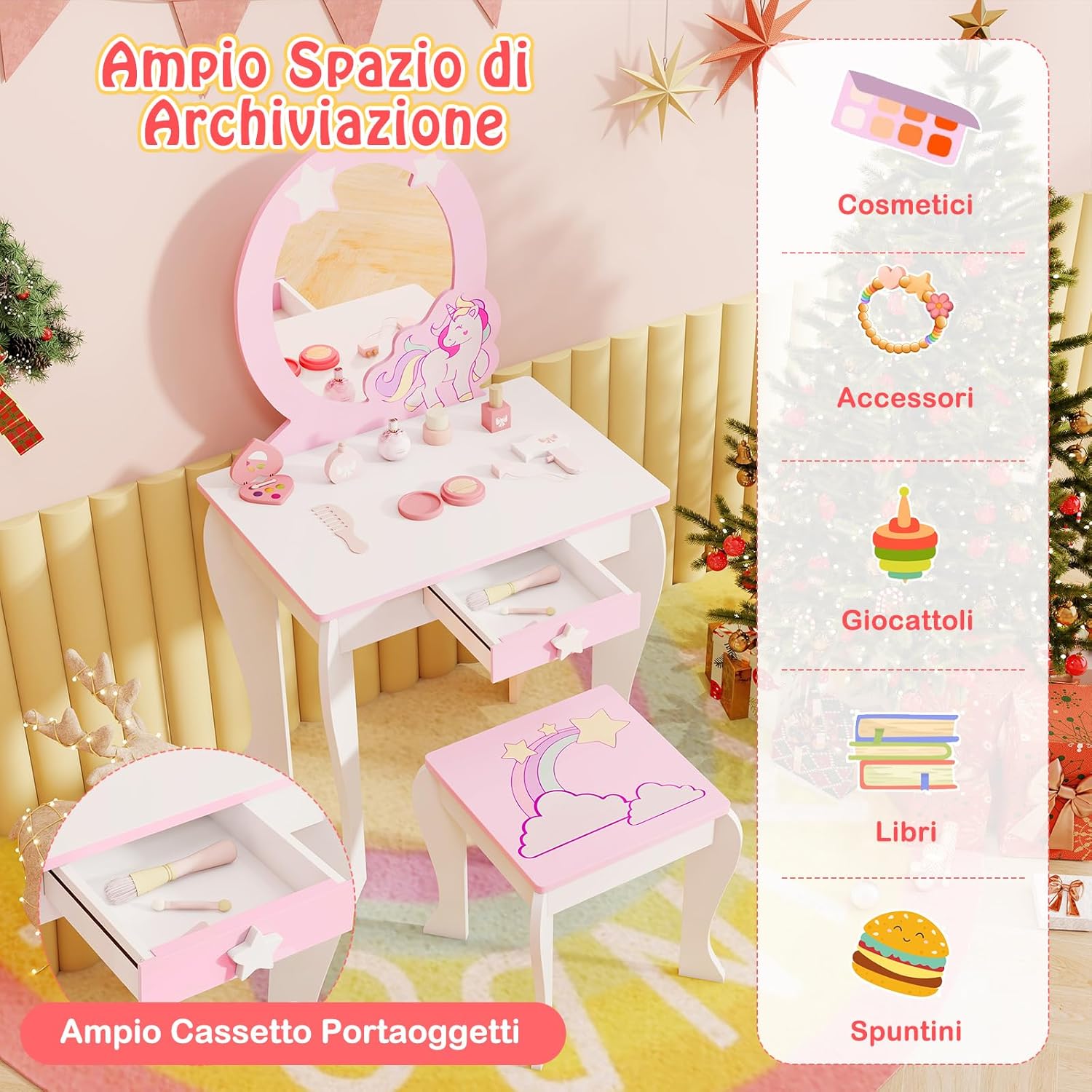 Set Toeletta per Ragazza, Toeletta Trucco per Bambini con Sgabello, Specchio Staccabile e Cassetto, Postazione Trucco in Legno per Cameretta 49.5 x 35.5 x 89cm (Bianco)