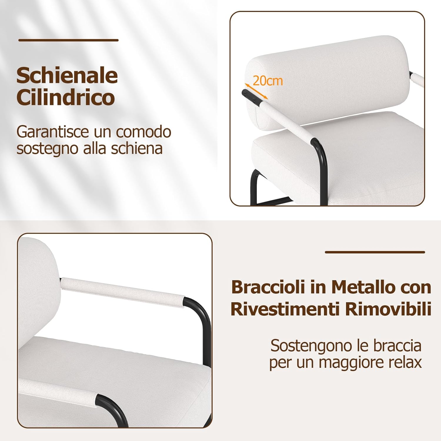 Poltrona da Salotto, Poltrona Ergonomica con Schienale Cilindrico e Braccioli in Metallo, Sedia Imbottita Laterale per Soggiorno, Camera da Letto e Sala Lettura, Portata 150 kg