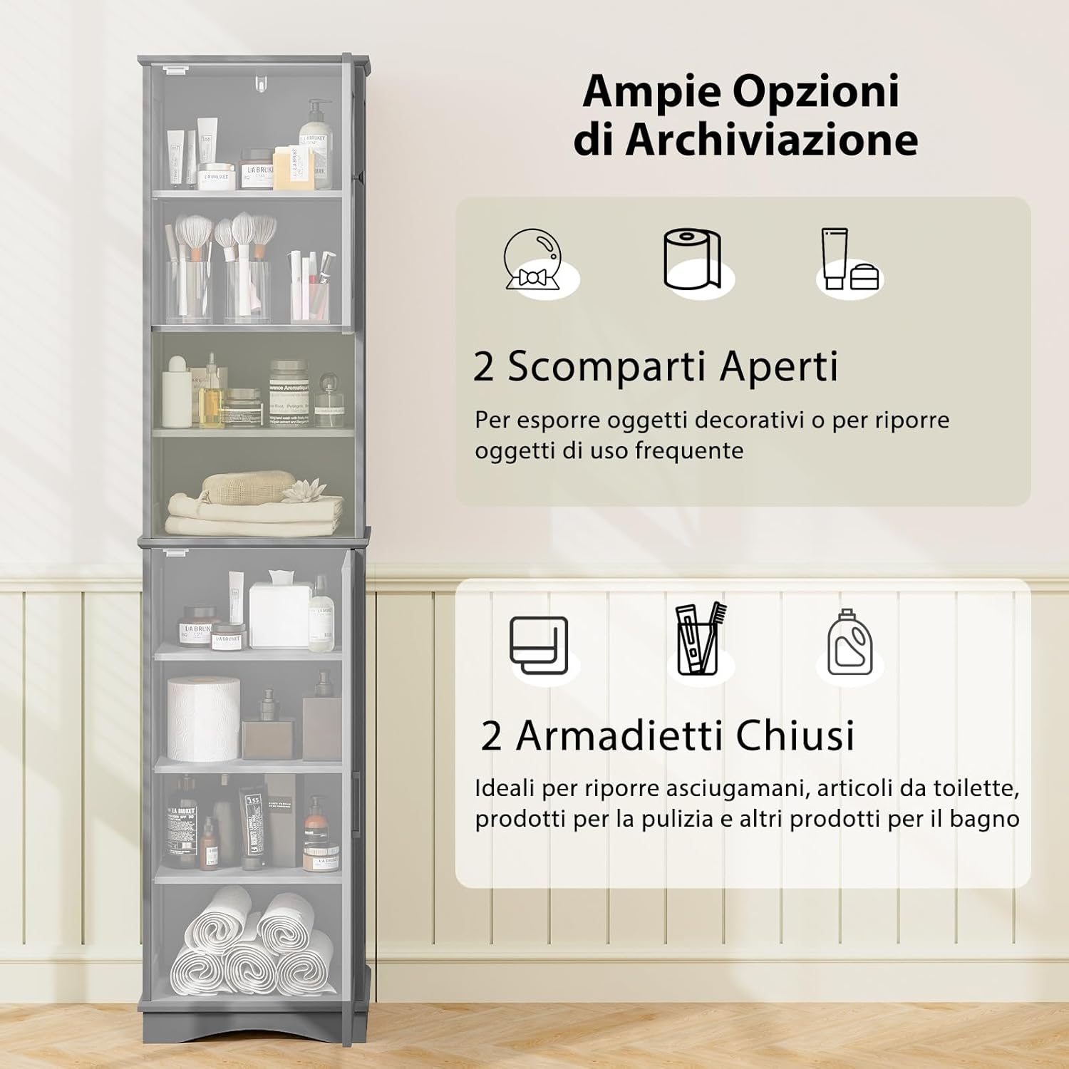 Mobile Bagno 40 x 30 x 170,5cm, Armadietto a Colonna Stretto e Alto con 5 Ripiani Regolabili e 2 Porte, Armadio da Terra in Legno per Soggiorno, Camera da Letto, Salotto e Cucina (Grigio)