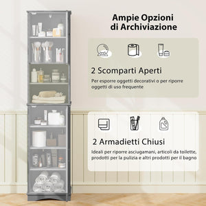 Mobile Bagno 40 x 30 x 170,5cm, Armadietto a Colonna Stretto e Alto con 5 Ripiani Regolabili e 2 Porte, Armadio da Terra in Legno per Soggiorno, Camera da Letto, Salotto e Cucina (Grigio)