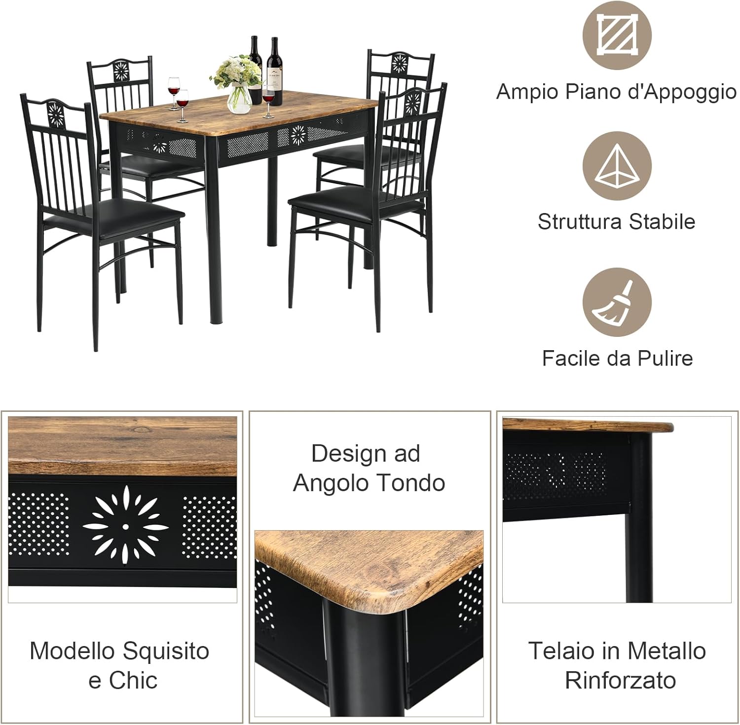 Set Tavolo e Sedie da Pranzo 5 Pezzi, Tavolo Cucina Rettangolare 110 cm con Sedie Imbottite per 4 Persone, Set Mobili Salvaspazio per Soggiorno Cucina Bar Ristorante (nero)