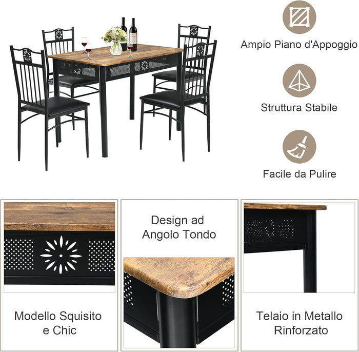 Set Tavolo e Sedie da Pranzo 5 Pezzi, Tavolo Cucina Rettangolare 110 cm con Sedie Imbottite per 4 Persone, Set Mobili Salvaspazio per Soggiorno Cucina Bar Ristorante (nero)