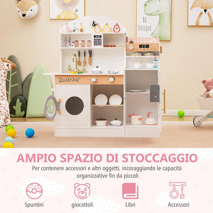 Cucina Giocattolo con Macchina da Caffè e del Ghiaccio, Cucina per Bambini in Legno con Lavatrice, Microonde, Fornelli e Lavandino, Set Cucina con 27 Accessori, 106 x 30 x 105 cm (Bianco)