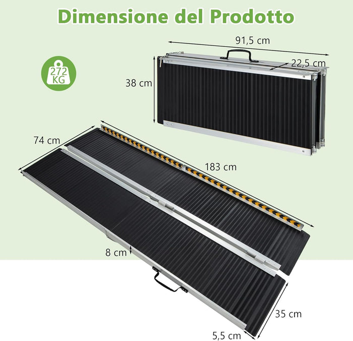 Set di 2 Rampa per Sedie a Rotelle in Alluminio, Rampa Telescopica Pieghevole con Superficie Antiscivolo, Capacità di Carico di 272 kg, per Soglie, Gradini, Scale (183 x 74cm)